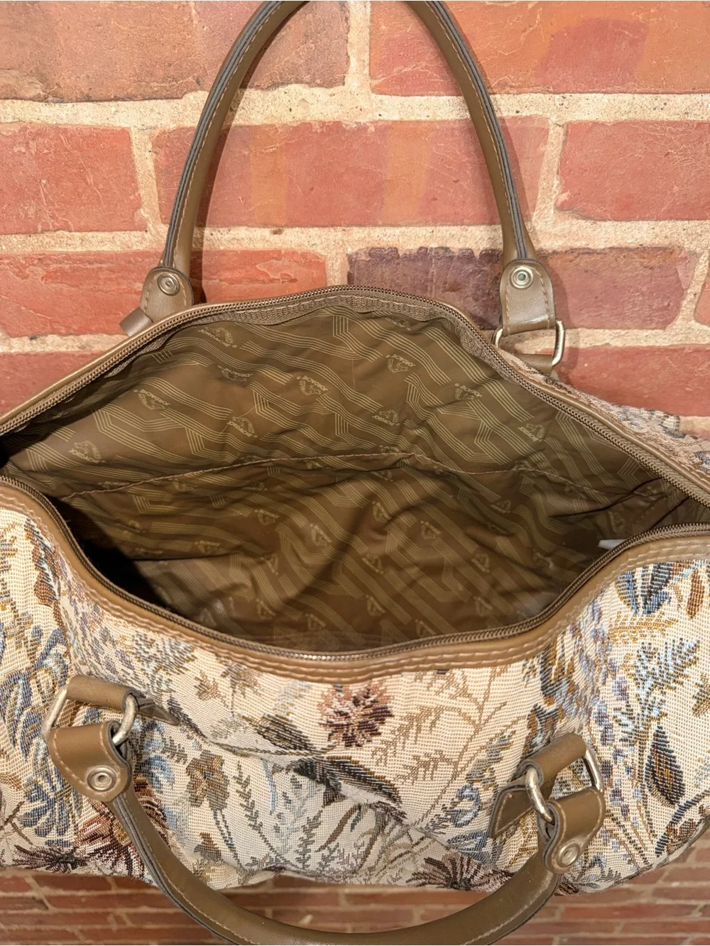 Jordache Floral Tapestry Satchel Handle Bag Shoulder Strap Olive Brown Trim
